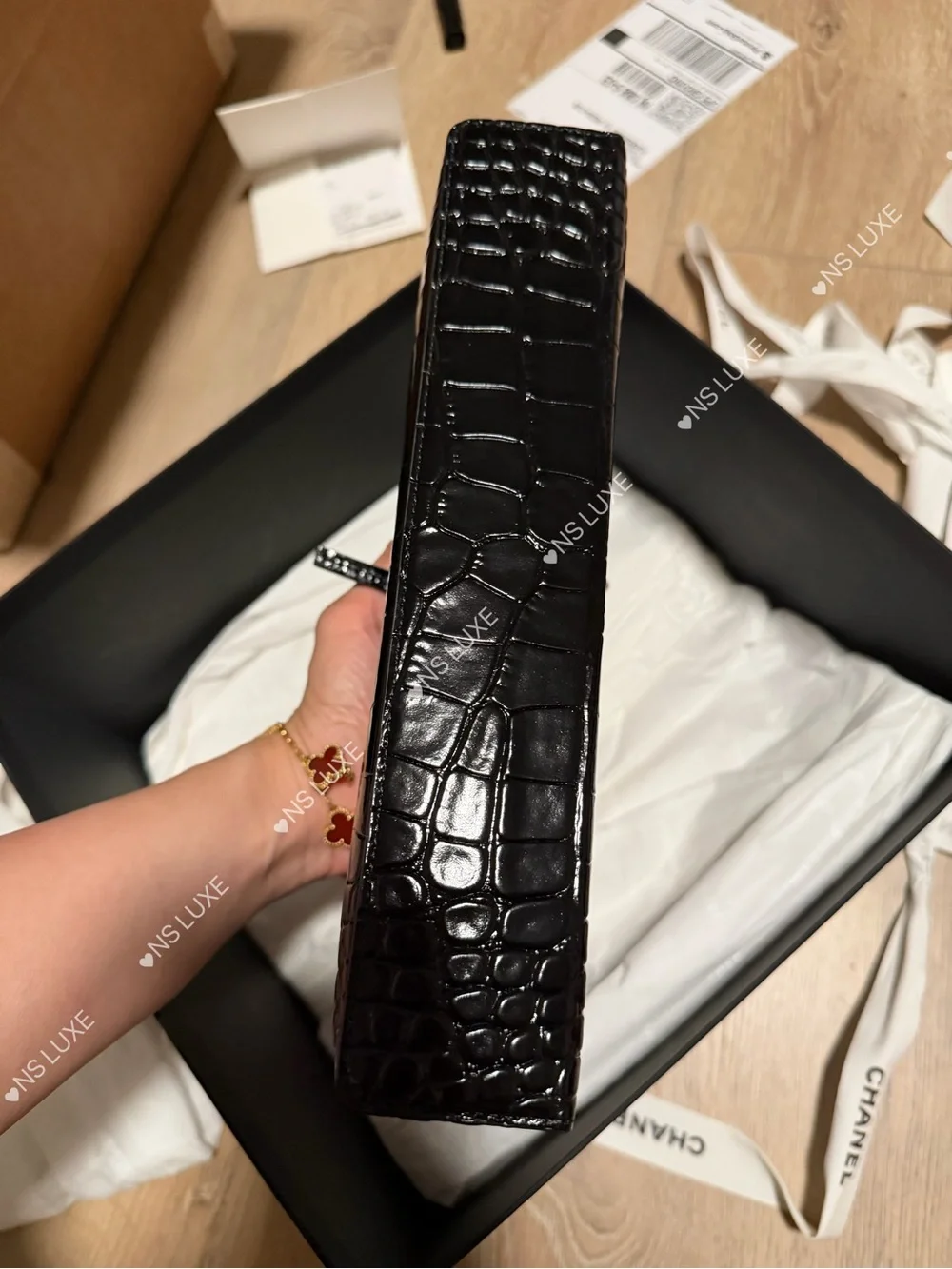 CHANEL Black Croc-Embossed Leather Shoulder Bag with Gold Chain